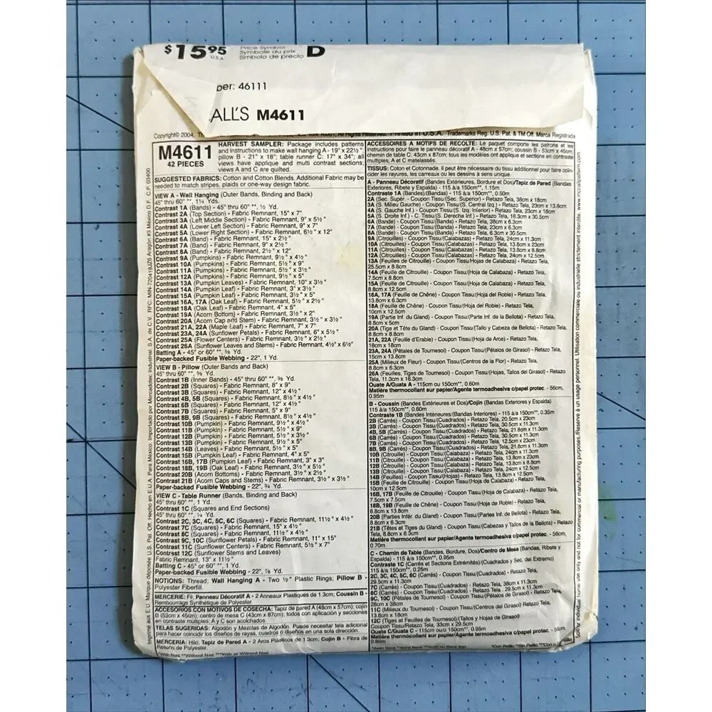 UNCUT McCalls Crafts Sewing Pattern M4611 Harvest Wall Hanging Table Runner